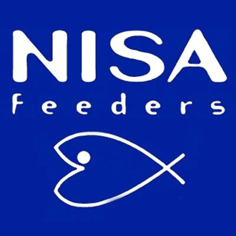 NISA Feeders logo with fish design, blue background.